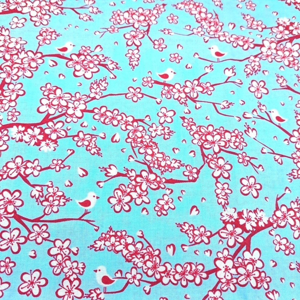 JoAnn Fabrics Cotton 33x45" Turquoise Cherry Blossom Bird Cotton‎ Quilting